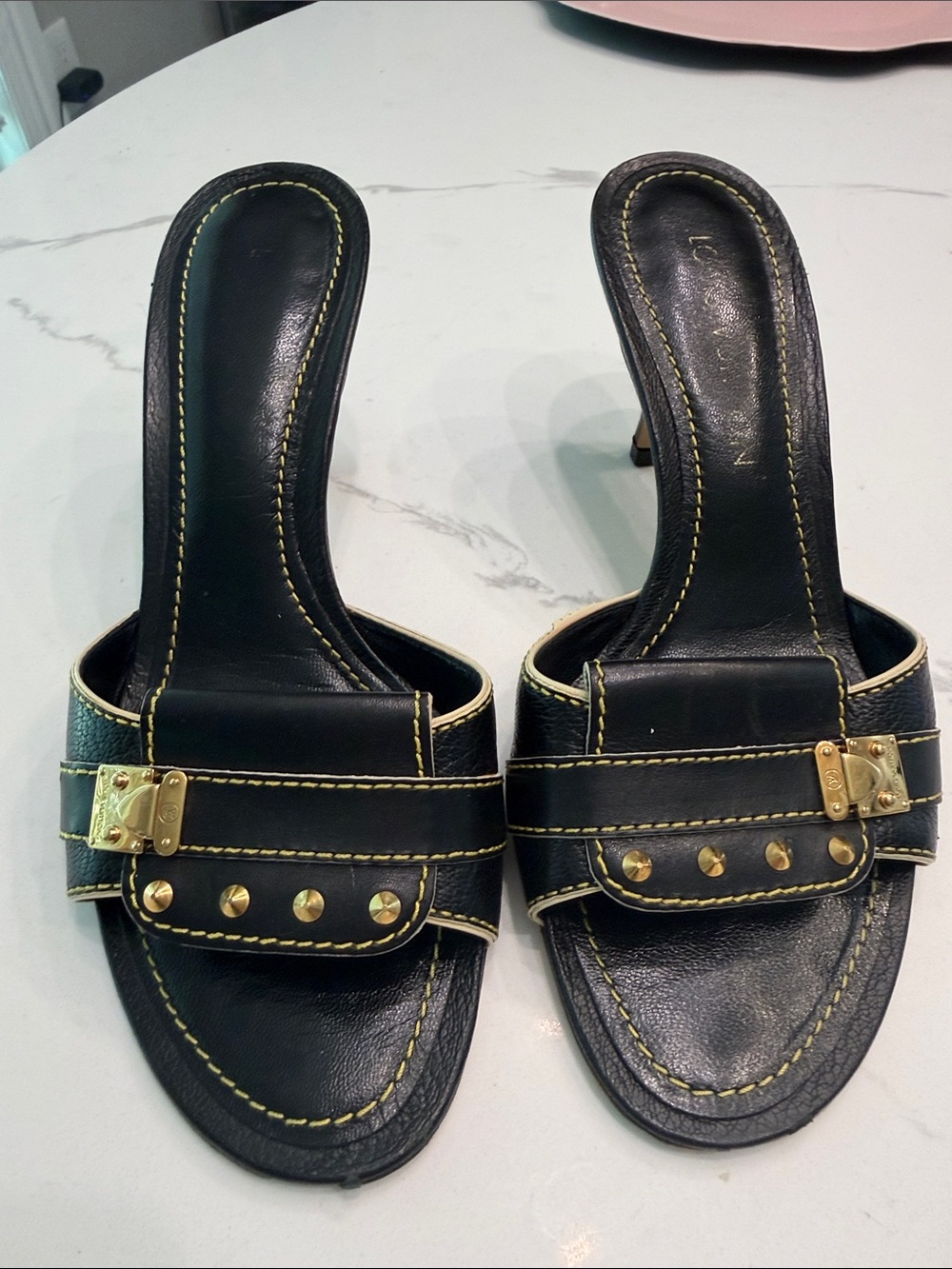 Louis Vuitton Black Leather Slide Mules with Gold Hardware
